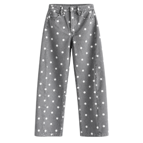 Graue Damen Polka Dot Wide Leg Jeans mit weißen Punkten Vorderseite