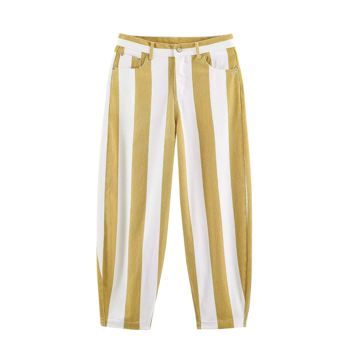 Gestreifte High-Waist Hose Gelb-Weiß – Straight Fit