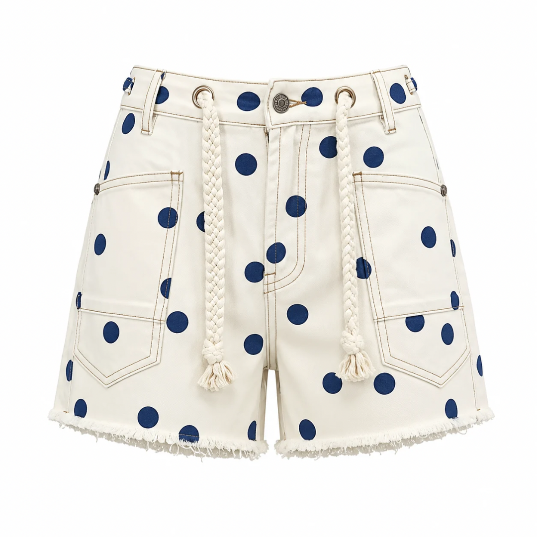 Polka Dot Jeansshorts mit Kordelgürtel