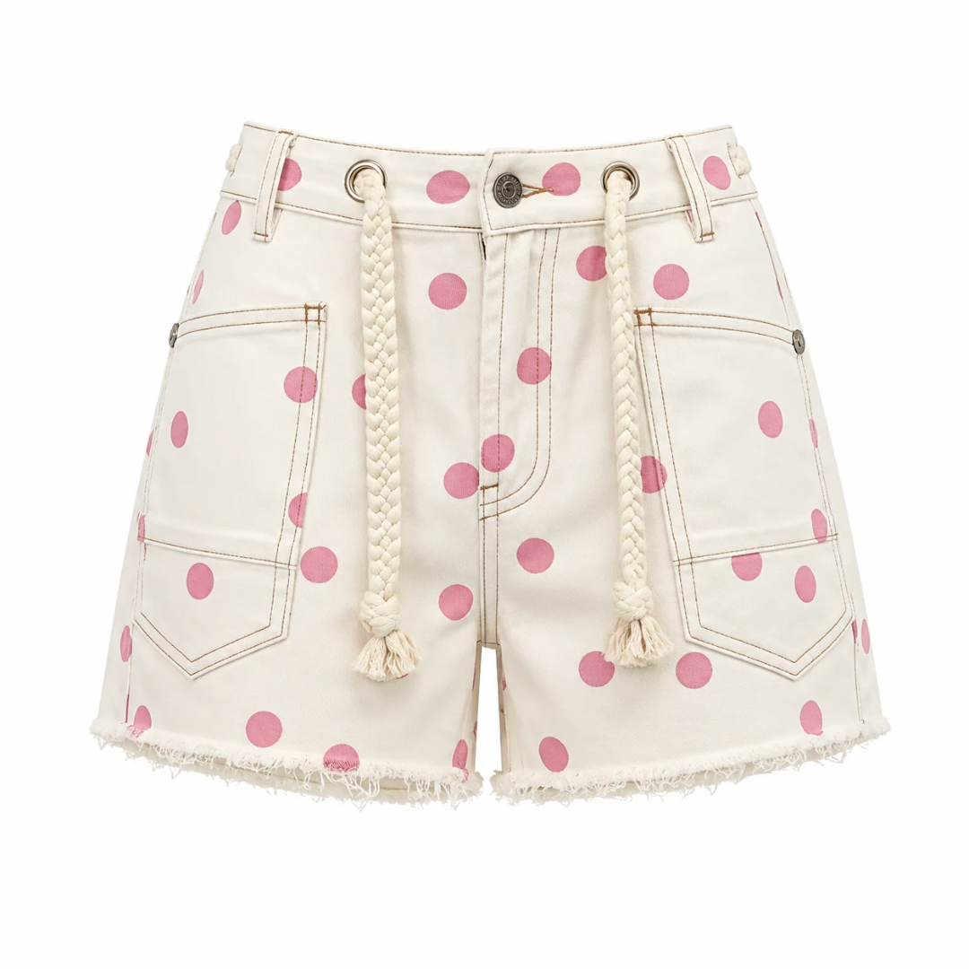 Polka Dot Jeansshorts mit Kordelgürtel