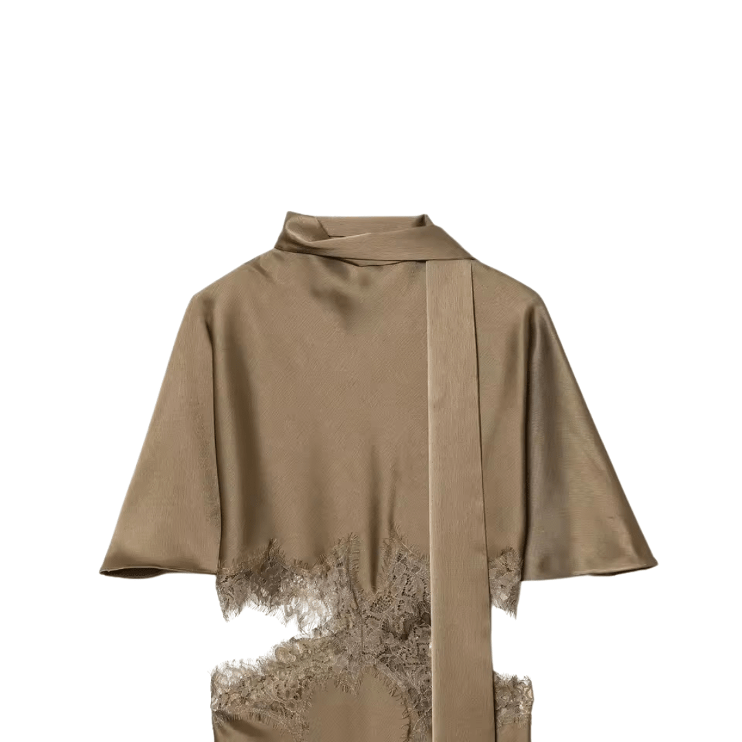 Asymmetrisches Satin Kleid mit Spitzenbesatz & Schalkragen - Fav Avenue