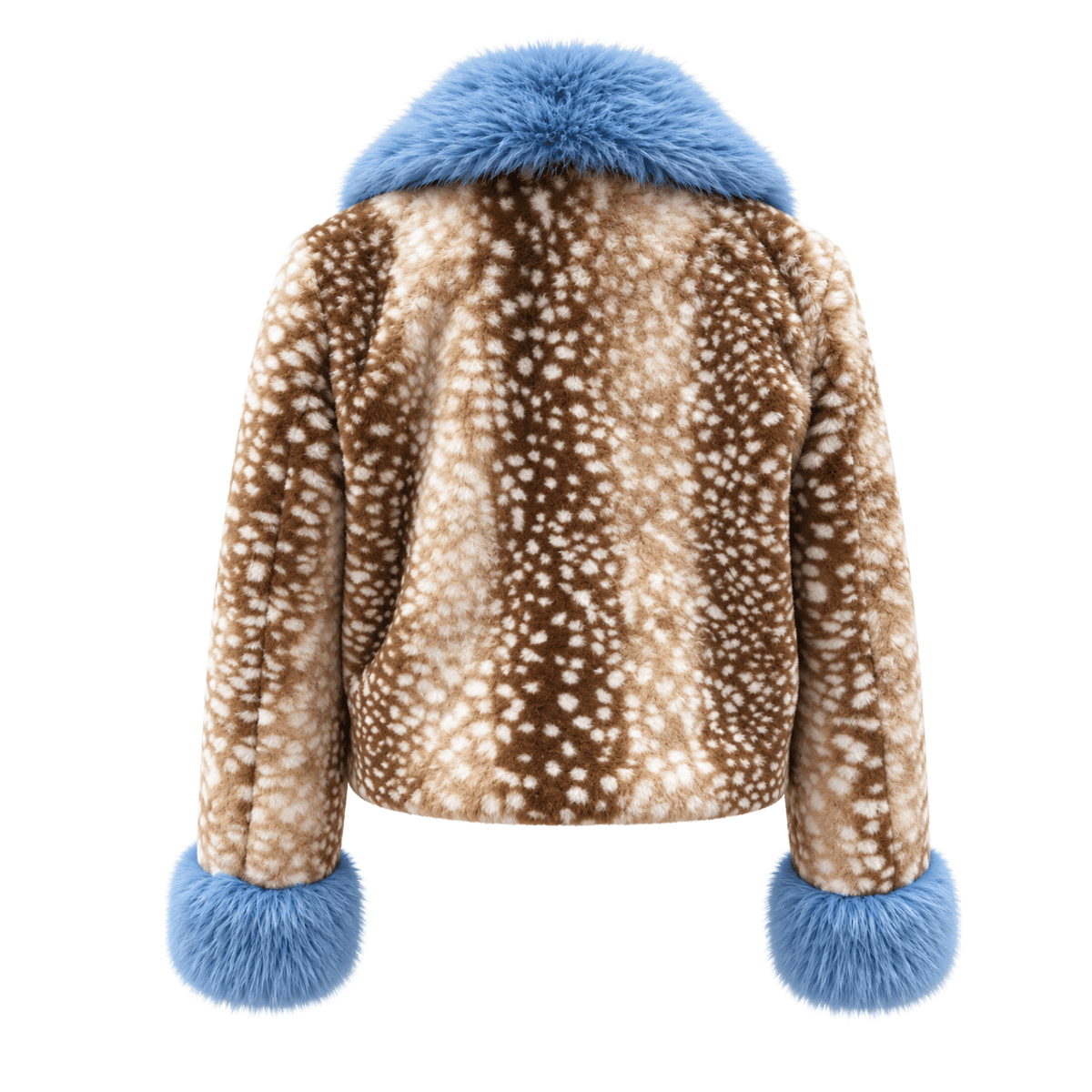 Bambi Kunstfelljacke mit blauem Kragen – Rehmuster - Fav Avenue