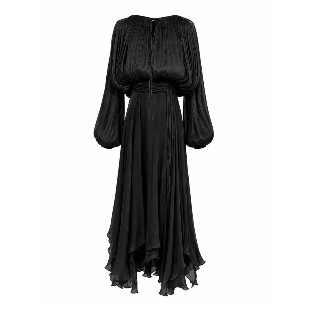 Plissiertes Satin Maxi Kleid mit Volumenärmeln & Bindegürtel - Fav Avenue