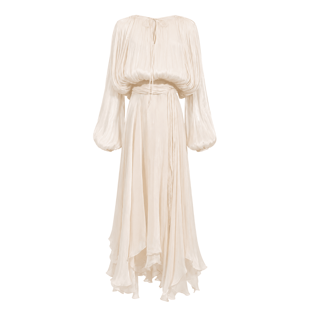 Plissiertes Satin Maxi Kleid mit Volumenärmeln & Bindegürtel - Fav Avenue