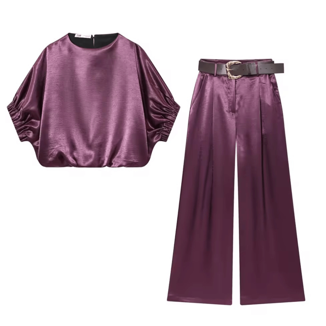 Zweiteiler Ballonärmel Top und High - Waist Hose mit Gürtel - Fav Avenue