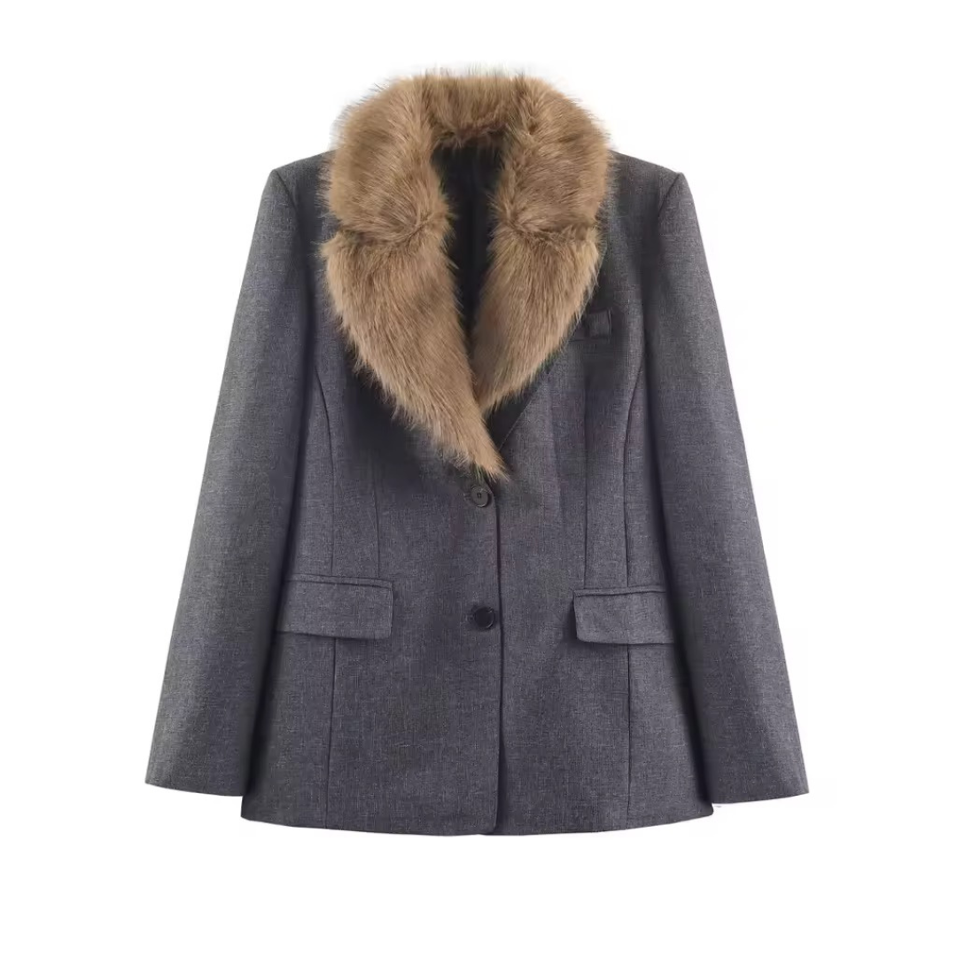 Blazer mit Kunstfellkragen