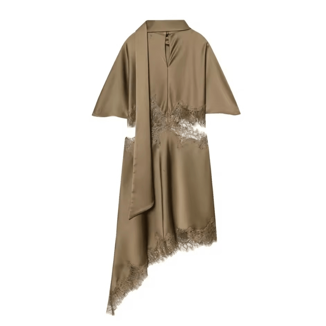 Asymmetrisches Satin Kleid mit Spitzenbesatz & Schalkragen - Fav Avenue