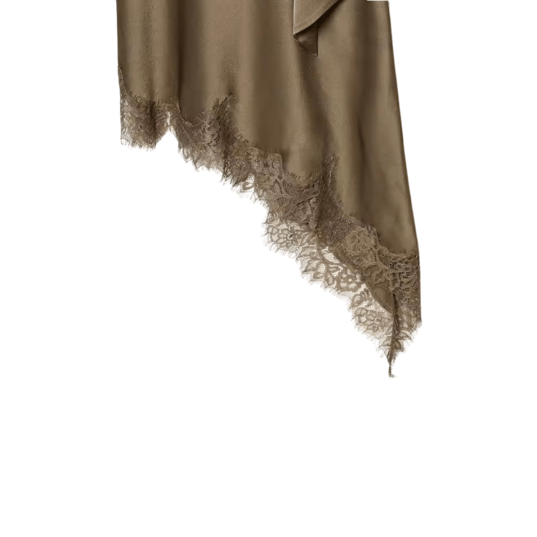 Asymmetrisches Satin Kleid mit Spitzenbesatz & Schalkragen - Fav Avenue