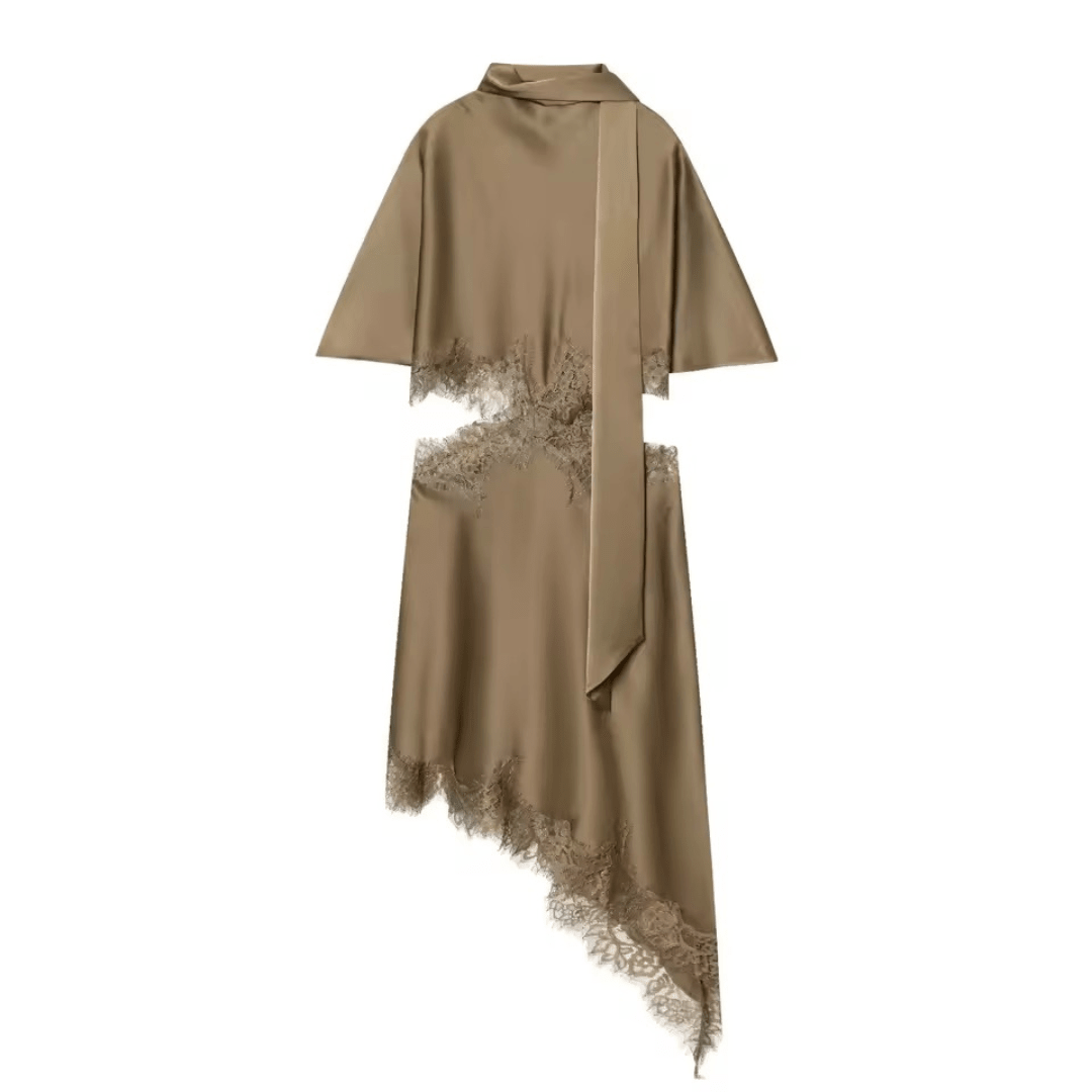 Asymmetrisches Satin Kleid mit Spitzenbesatz & Schalkragen - Fav Avenue