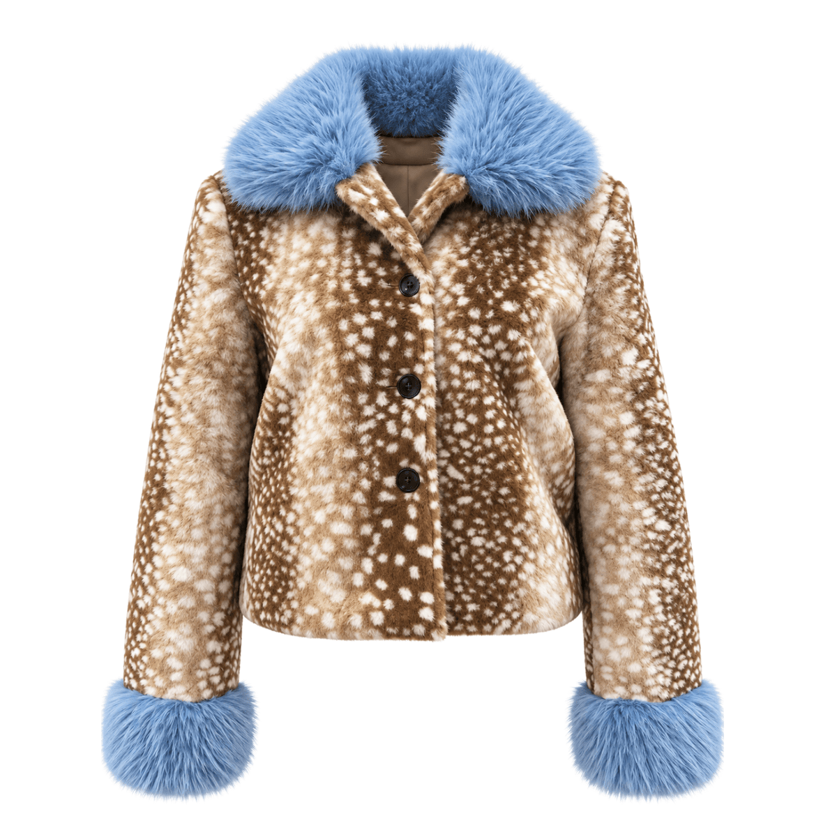 Bambi Kunstfelljacke mit blauem Kragen – Rehmuster - Fav Avenue