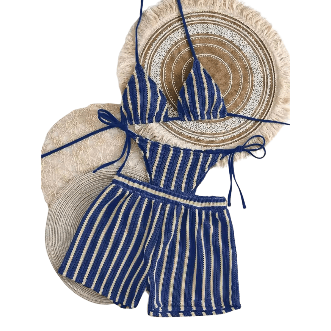 Gestreifter Triangle Bikini mit Mesh Shorts - Fav Avenue