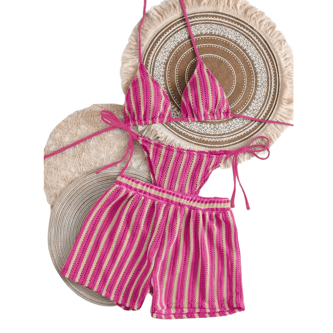 Gestreifter Triangle Bikini mit Mesh Shorts - Fav Avenue