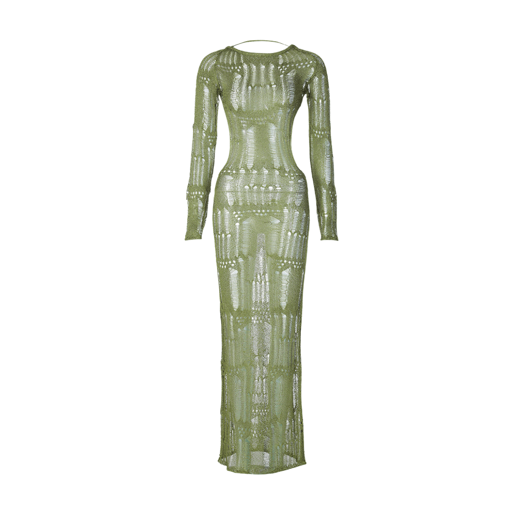 Lyra – Grünes Maxikleid mit metallischem Glanz & geometrischem Strickmuster - Fav Avenue