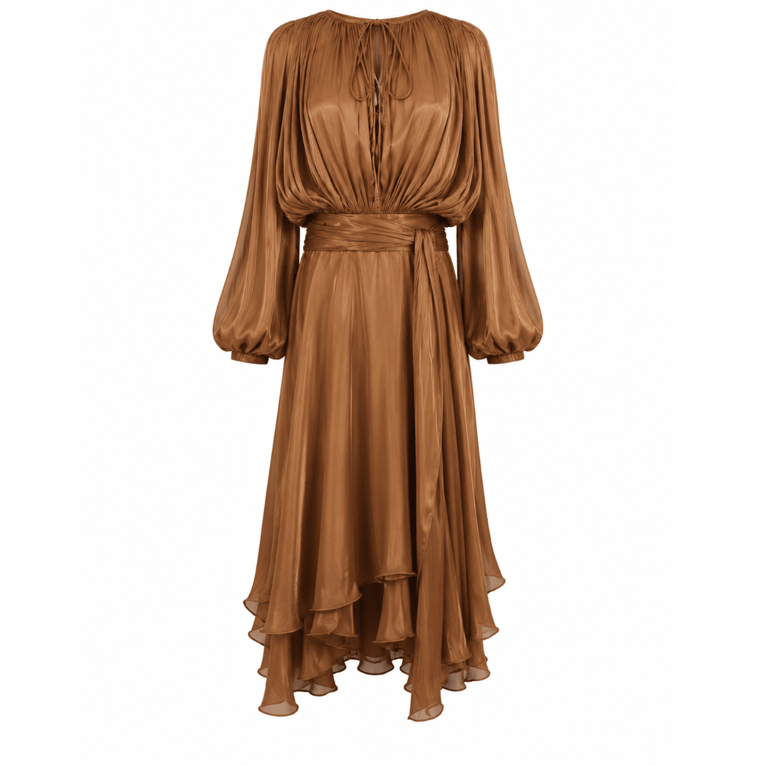 Plissiertes Satin Maxi Kleid mit Volumenärmeln & Bindegürtel - Fav Avenue